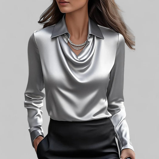 Draped Neck Silk Blouse | Women's Long Sleeve Top, Elegant Plus Size Available 1