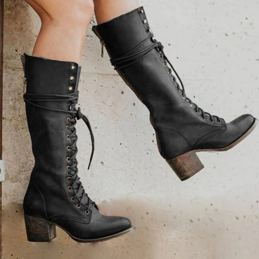 Elegant Lace-Up Knee High Boots for Women | Premium Leather, Block Heel 0