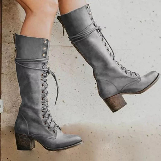 Elegant Lace-Up Knee High Boots for Women | Premium Leather, Block Heel 1