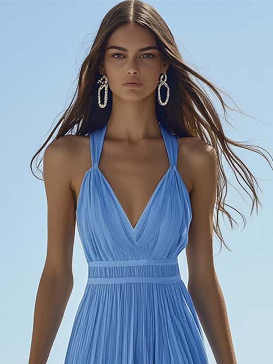 Elegant Light Blue Maxi Dress for Women | Premium Chiffon, V-Neck Sleeveless 3