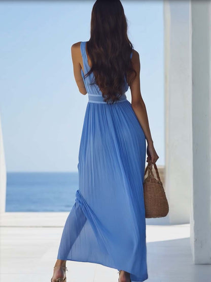 Elegant Light Blue Maxi Dress for Women | Premium Chiffon, V-Neck Sleeveless 5
