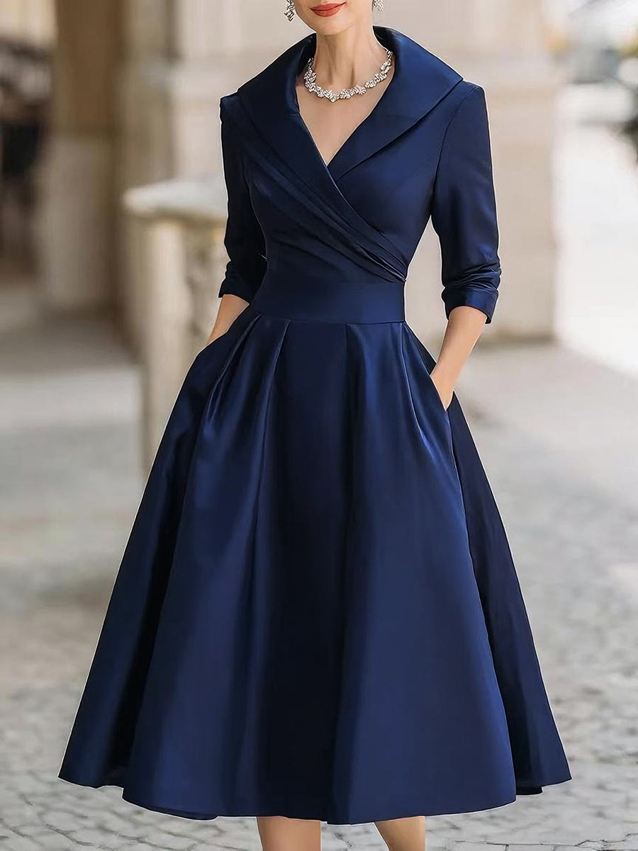 knee length dresses for ladies Grey Satin Puff-Sleeve Midi Dress – trinarosh main image 0