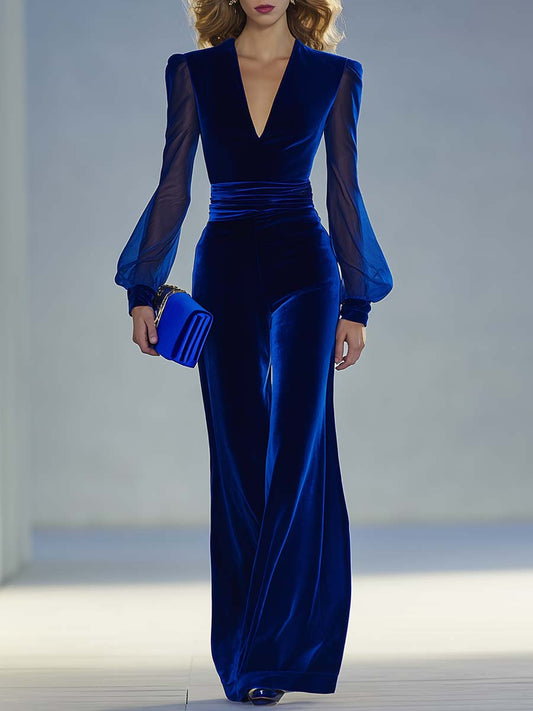 Elegant Velvet Jumpsuit Women | V-Neck, Royal Blue 0