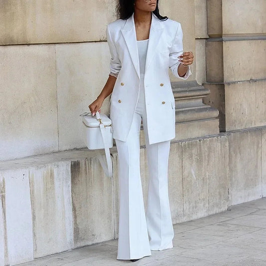 Elegant Women's Suit | Tailored Double-Breasted Blazer and Flared Trousers Set 0