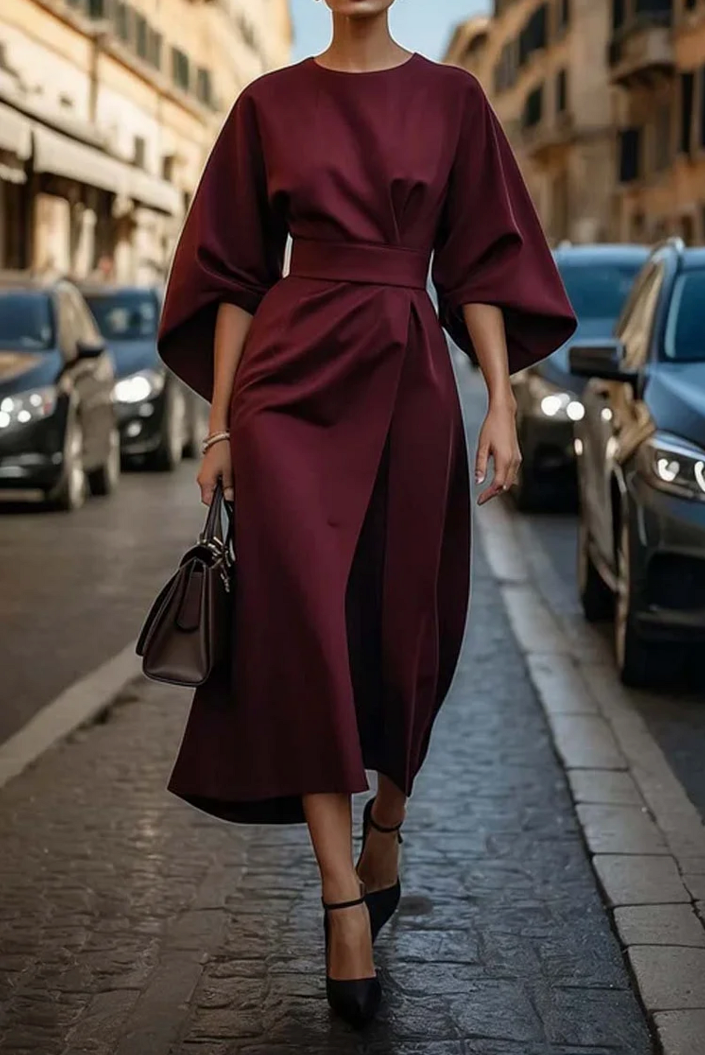 Elegant Women's Summer Dress | Lantern Sleeves, Waist-Cinching Belt 4