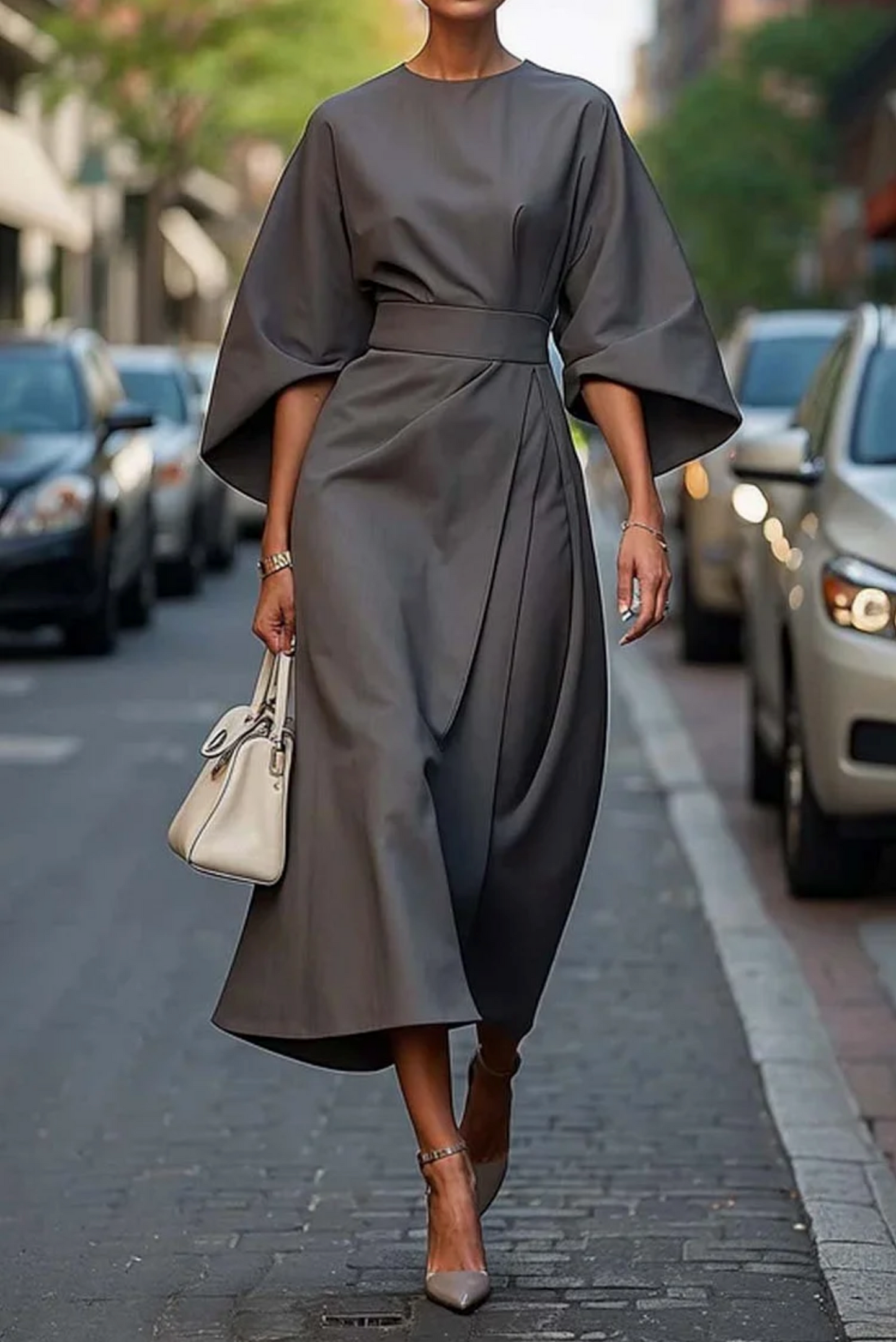 Elegant Women's Summer Dress | Lantern Sleeves, Waist-Cinching Belt 5