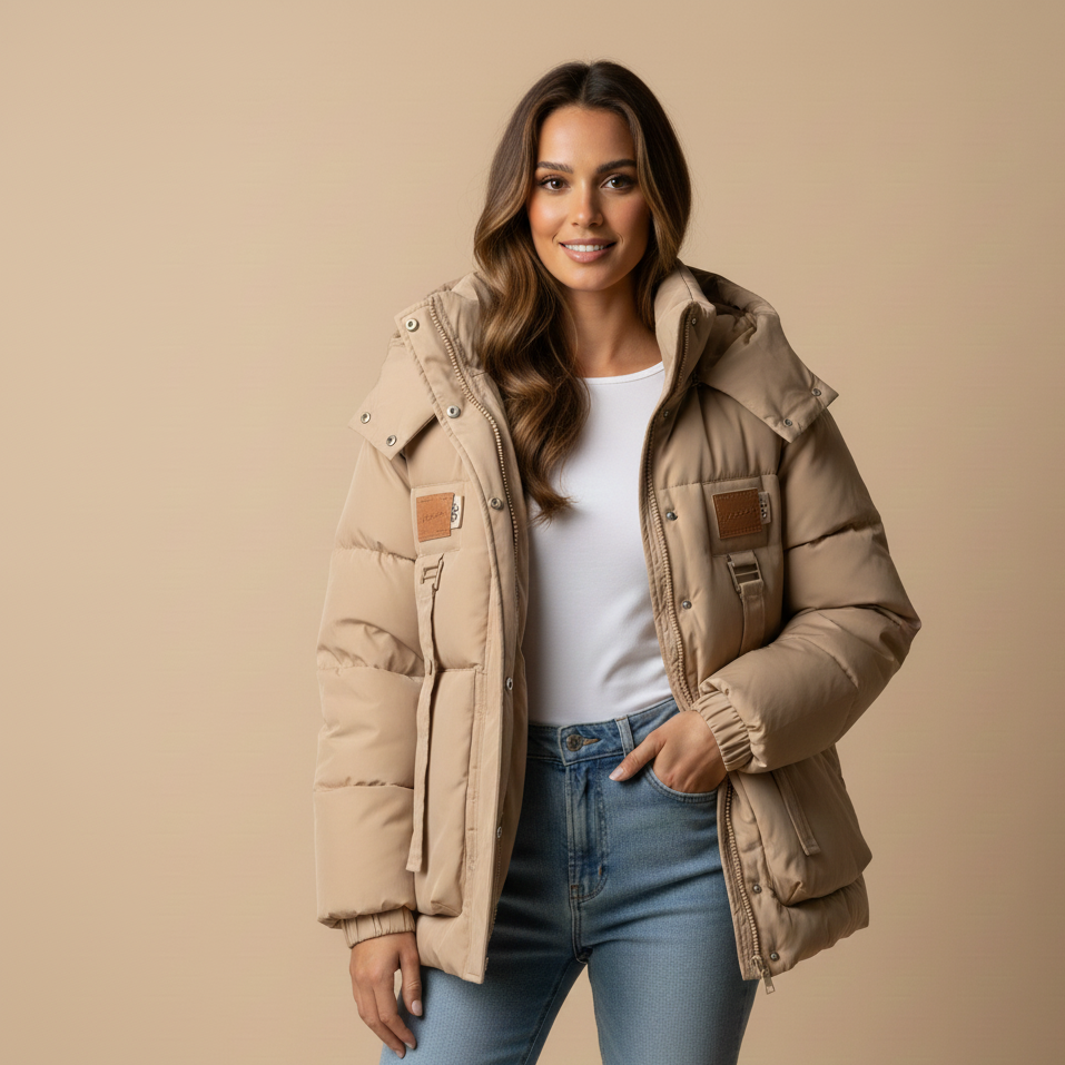 Woman wearing a beige puffer jacket on a beige background