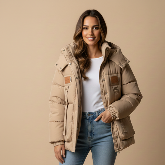 Woman wearing a beige puffer jacket on a beige background