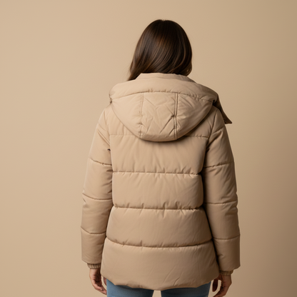Person wearing a beige puffer jacket on a beige background
