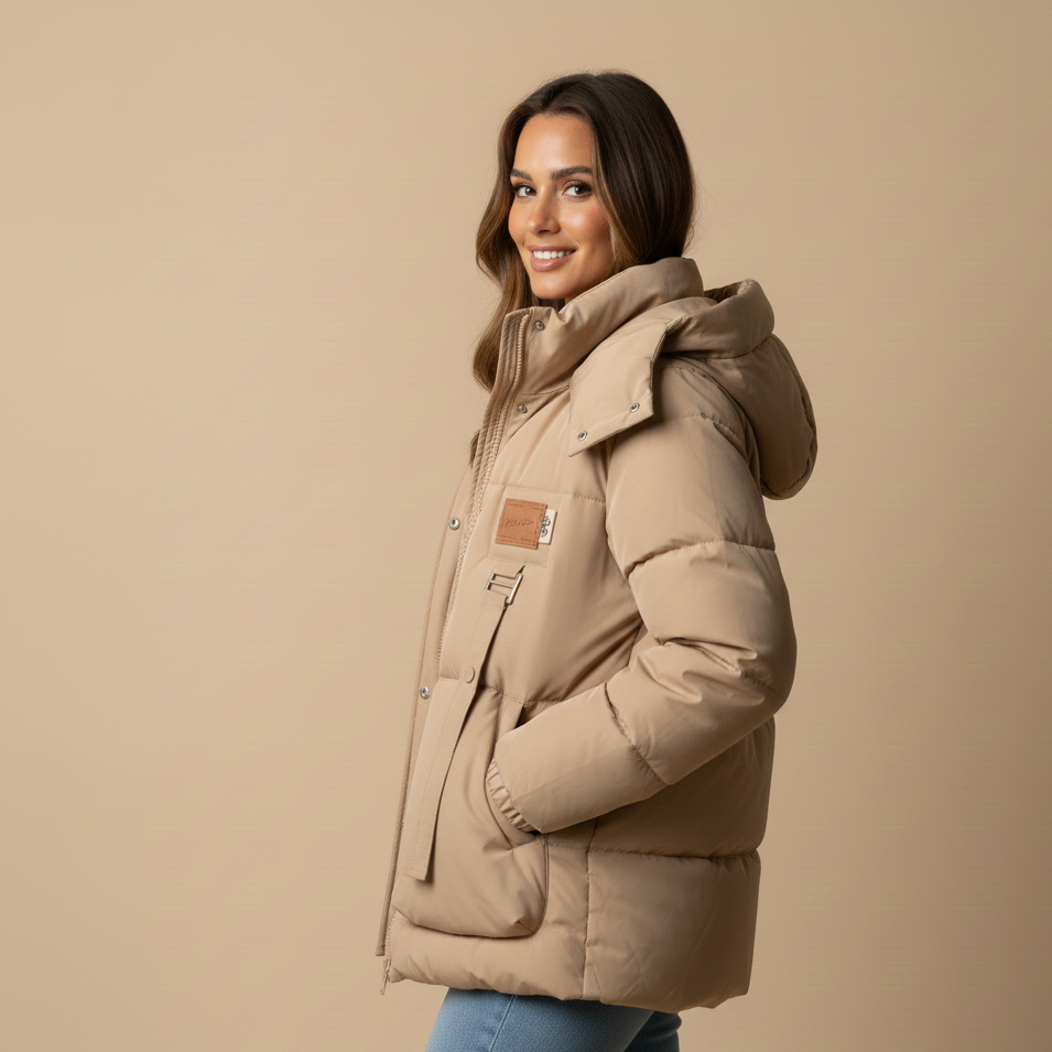 Woman wearing a beige puffer jacket on a beige background