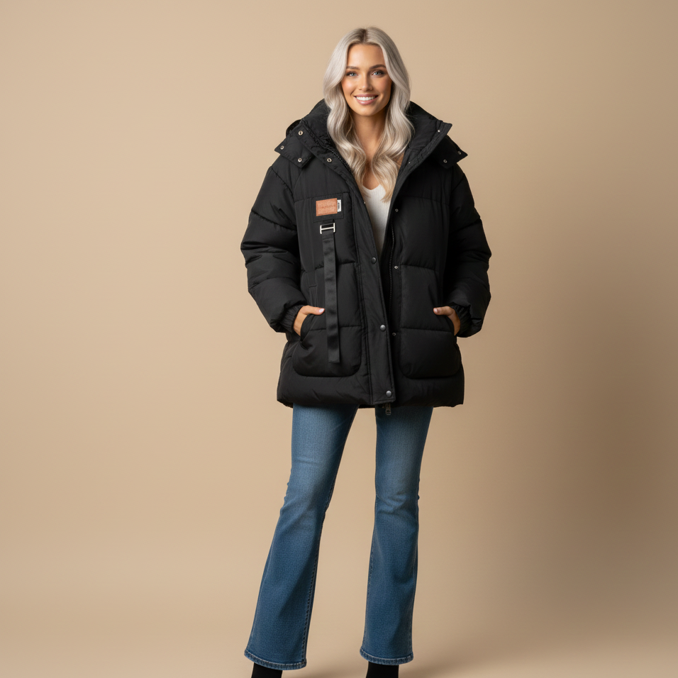 Woman wearing a black coat and blue jeans on a beige background