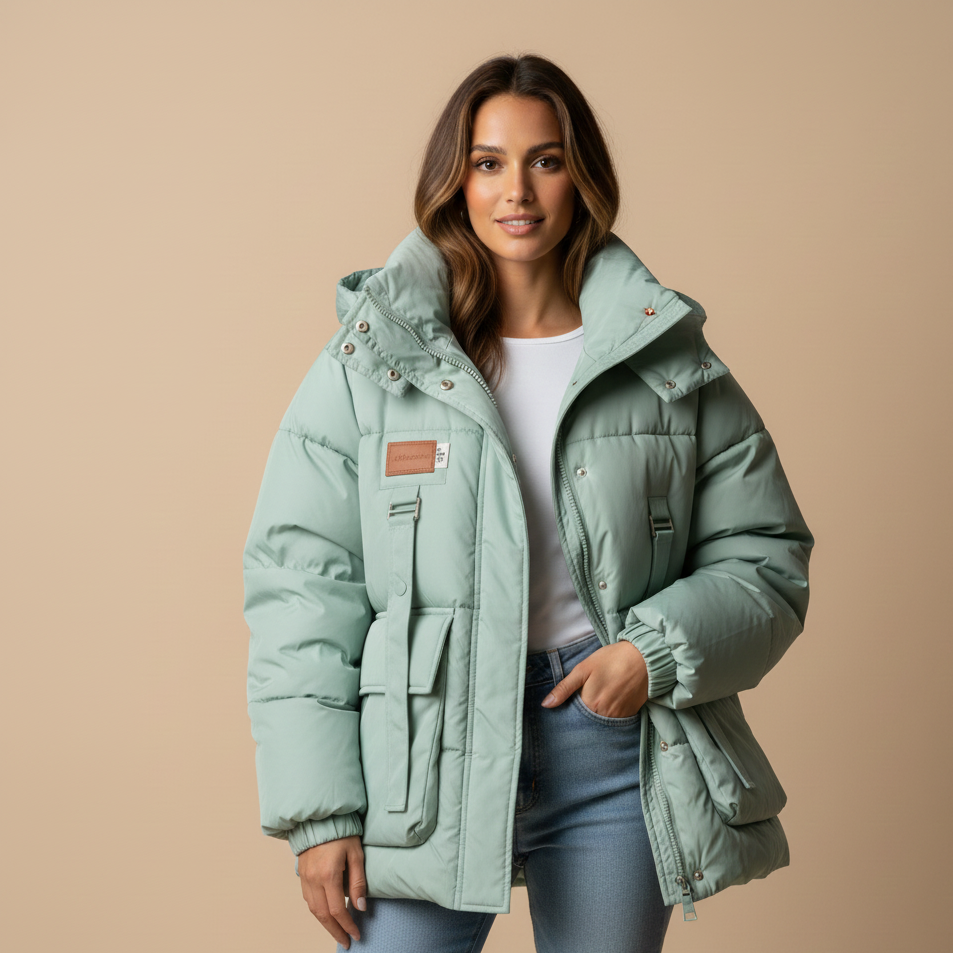 Woman wearing a light green puffer jacket on a beige background