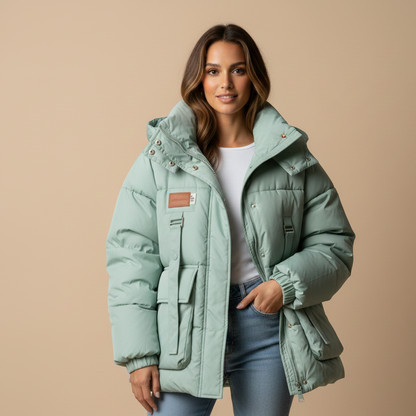 Woman wearing a light green puffer jacket on a beige background