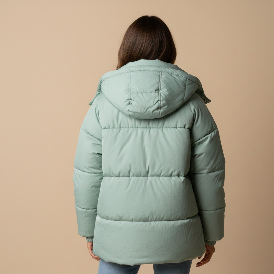 Person wearing a light green puffer jacket on a beige background