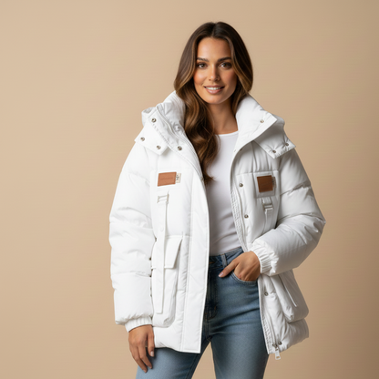 Woman wearing a white puffer jacket on a beige background