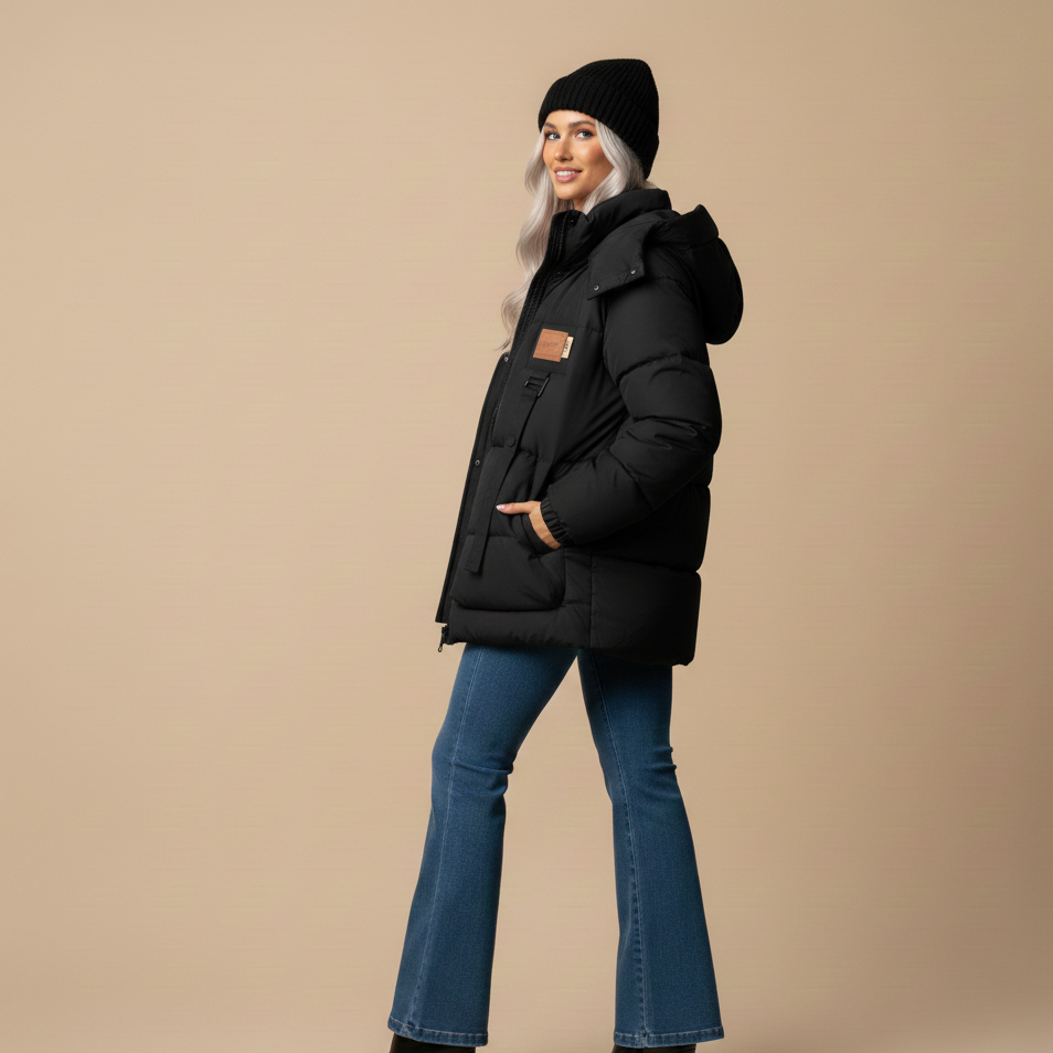 Woman wearing a black coat, black beanie, and blue jeans on a beige background