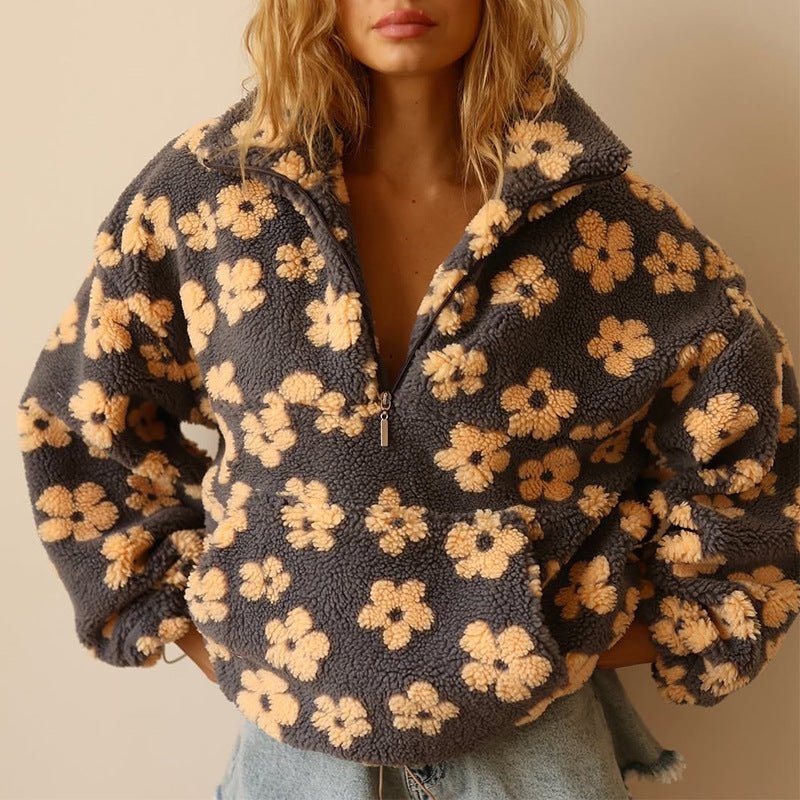 Tansy Floral Half-Zip Fleece – Women's Sweater in Yellow