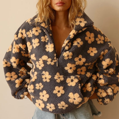 Tansy Floral Half-Zip Fleece – Women's Sweater in Yellow