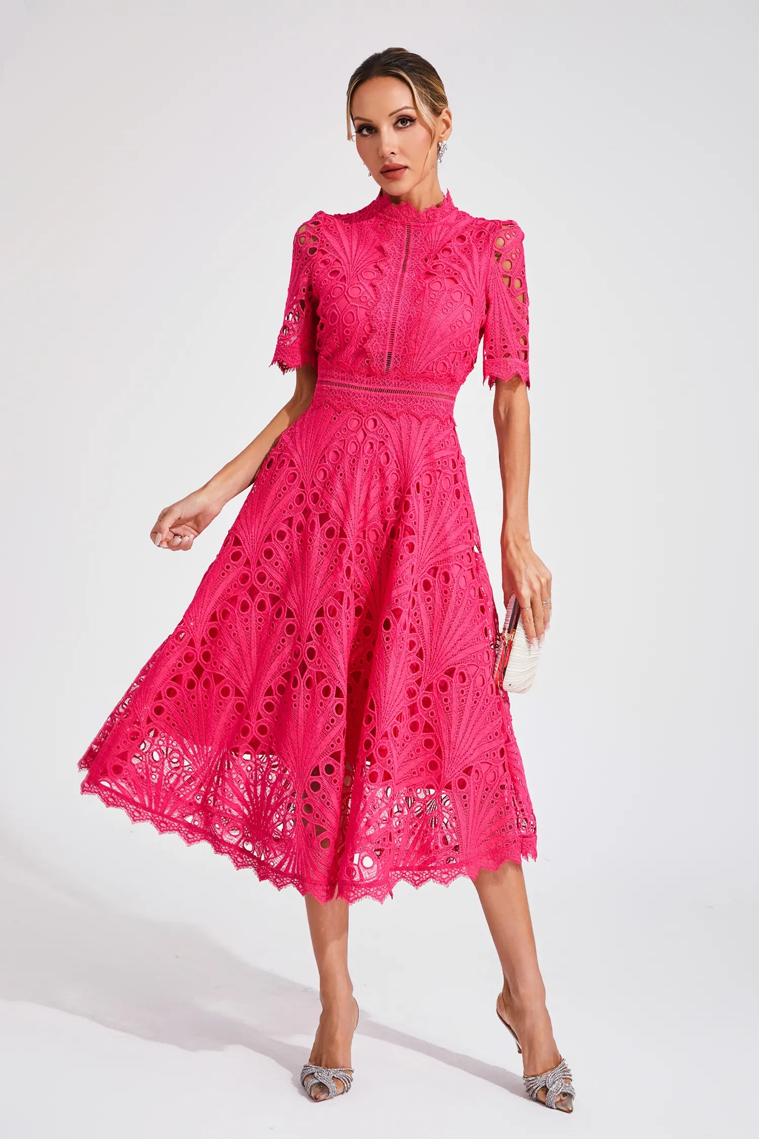 Elodie | High-Neck Lace Fitted Midi Dress — Velouze