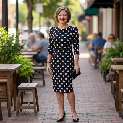 Vivienne | Polka Dot Long Sleeve Midi Sheath Dress