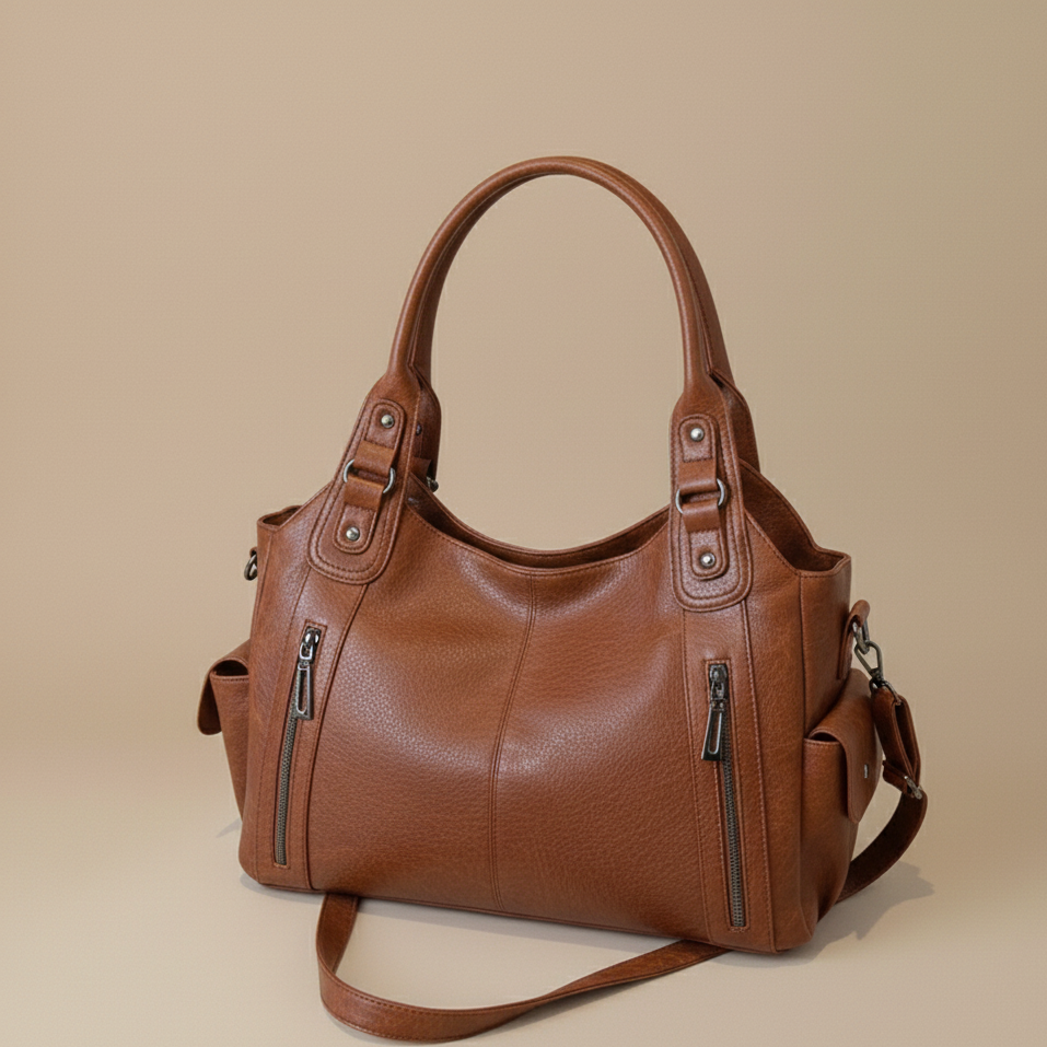 Brown leather handbag on a beige background