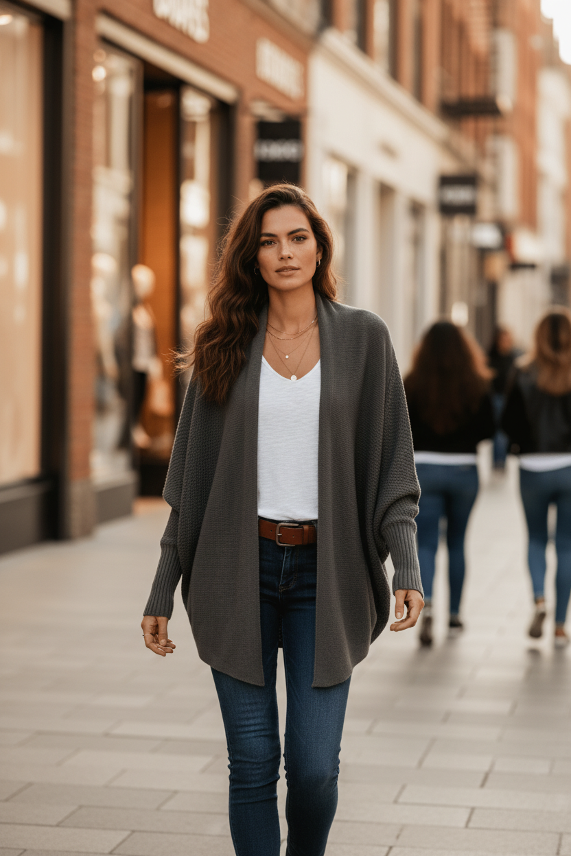 Woman wearing a gray cardigan over a white shirt and blue jeans on a sandy background