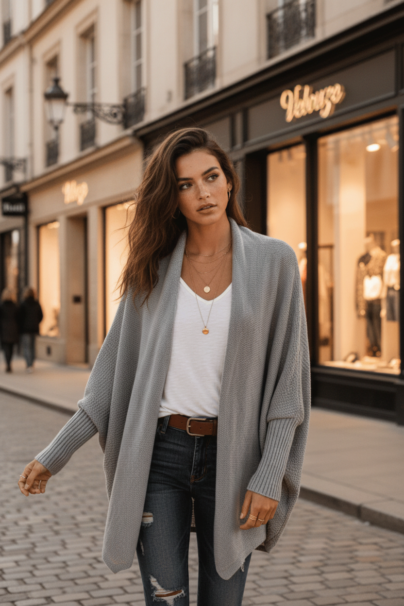 Woman wearing a gray cardigan over a white shirt and jeans on a beach.