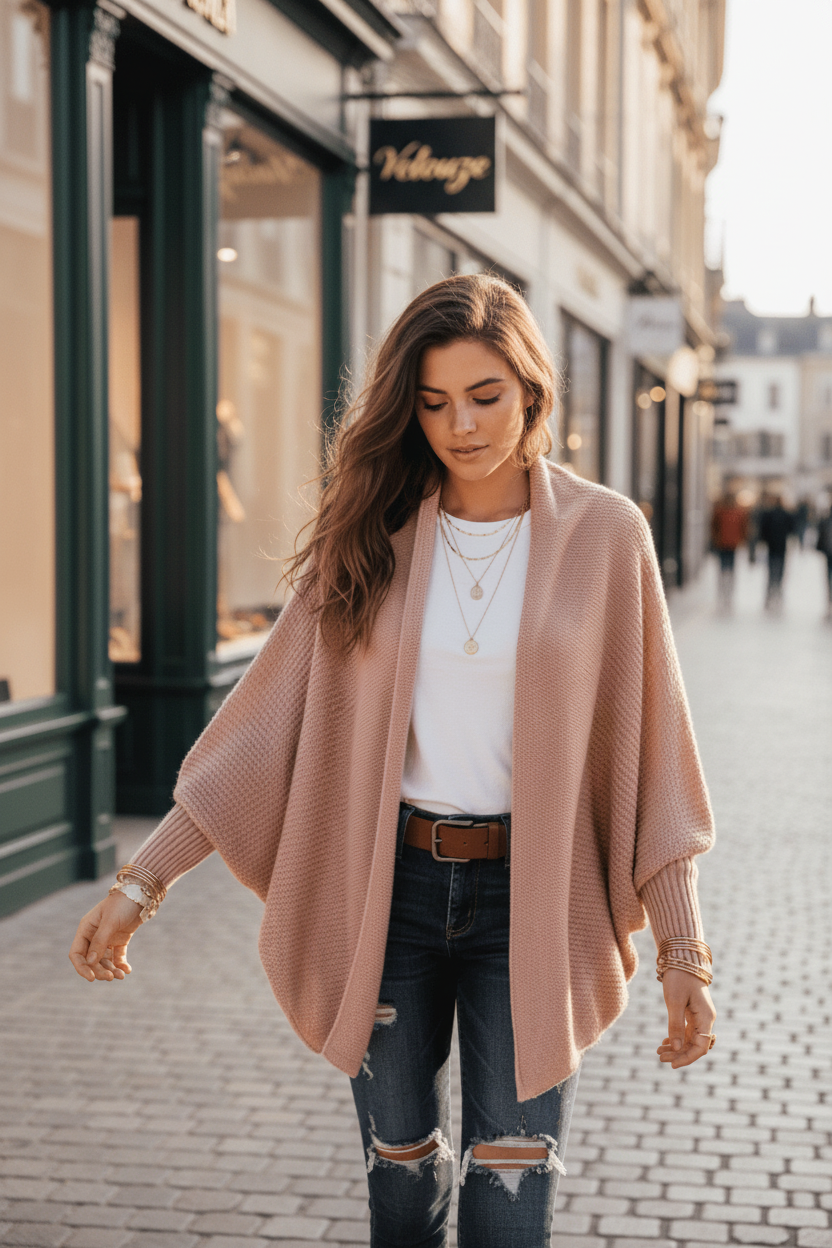 Woman wearing a pink cardigan in a street