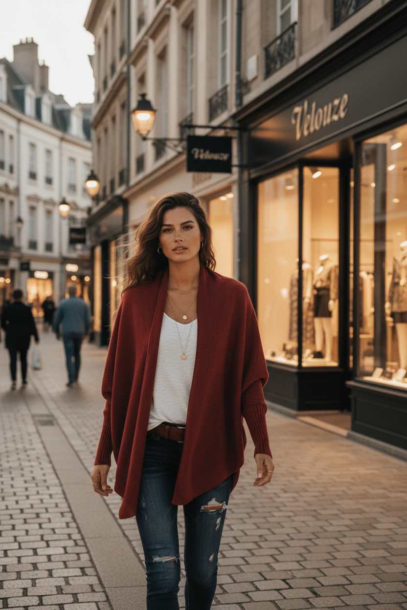 Woman wearing a red cardigan 