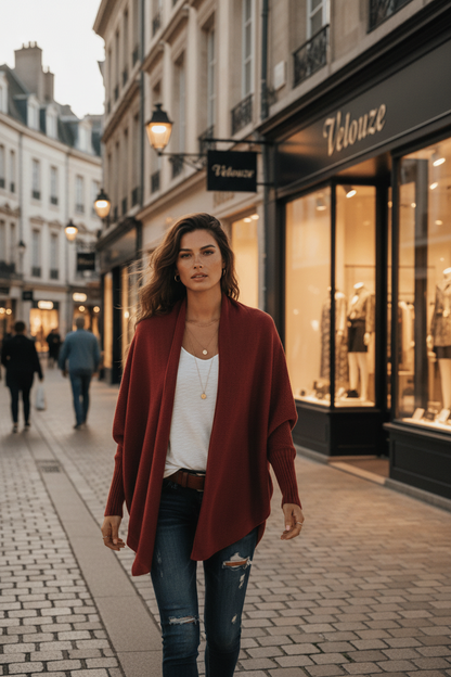 Woman wearing a red cardigan 