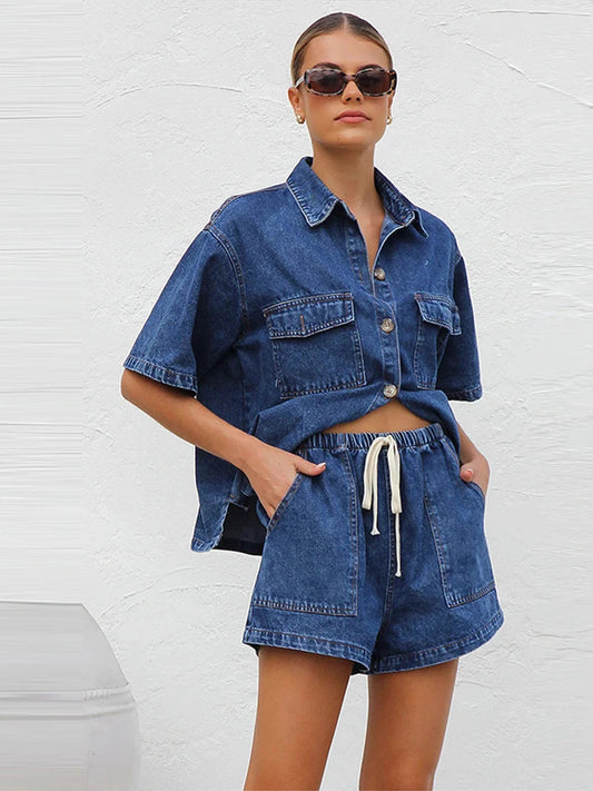 Olivia Women's Casual 2-Piece Set | Organic Cotton Blend, Button-Down Shirt & Drawstring Shorts 1