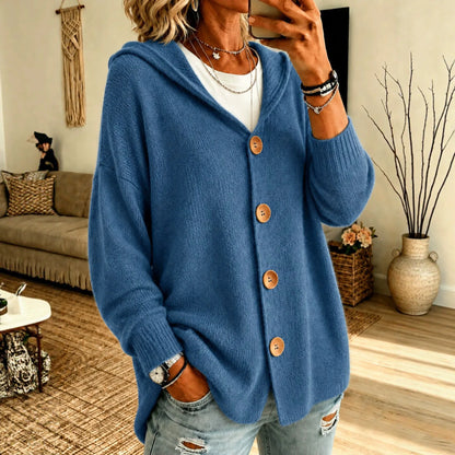 Mila Hooded Wooden-Button – Women's Cardigan in Black