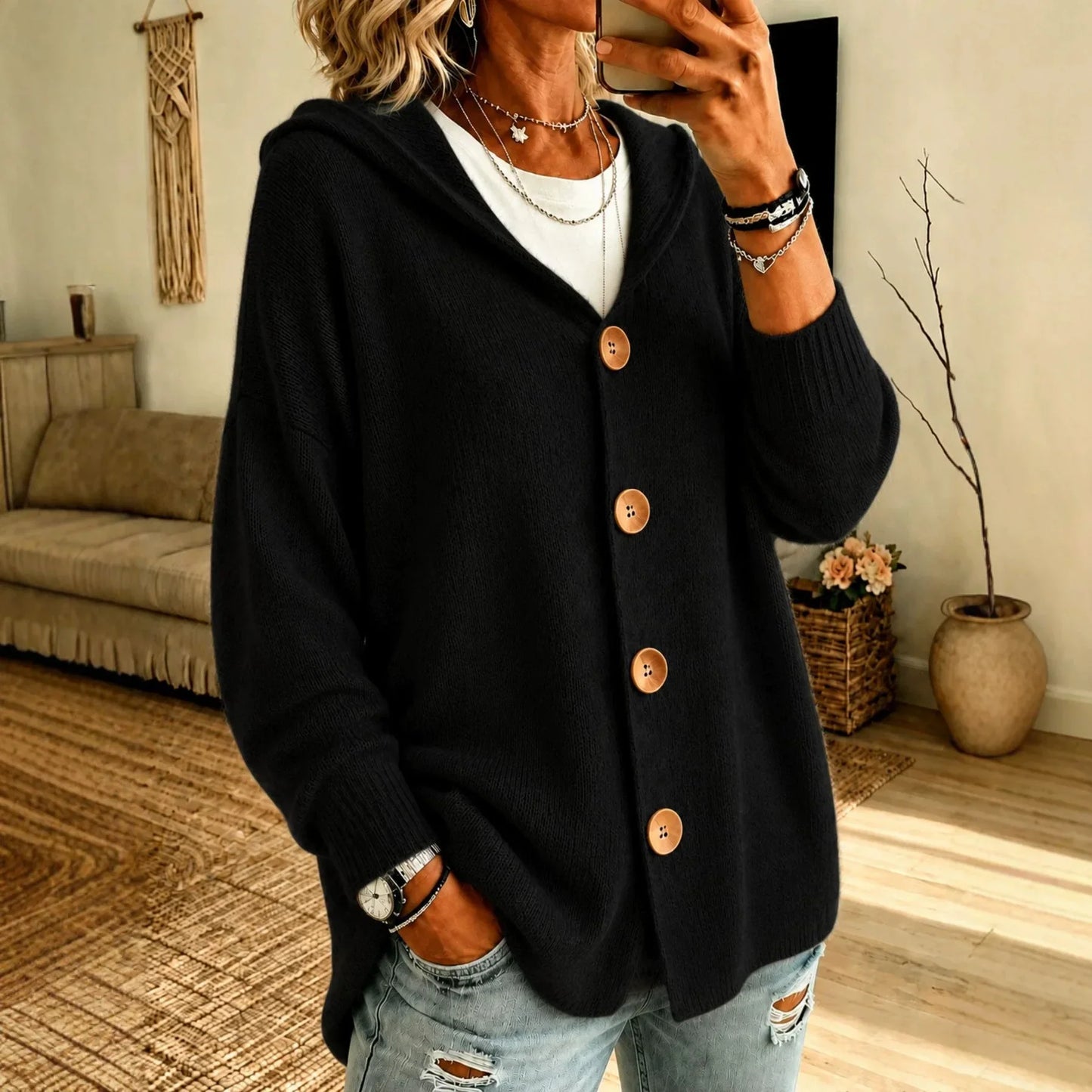 Mila Hooded Wooden-Button in Black – Women's Cardigan