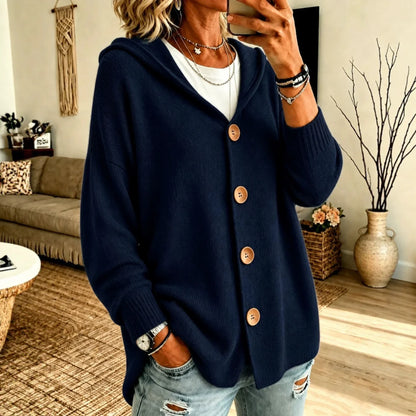 Mila Hooded Wooden-Button in Black – Women's Cardigan