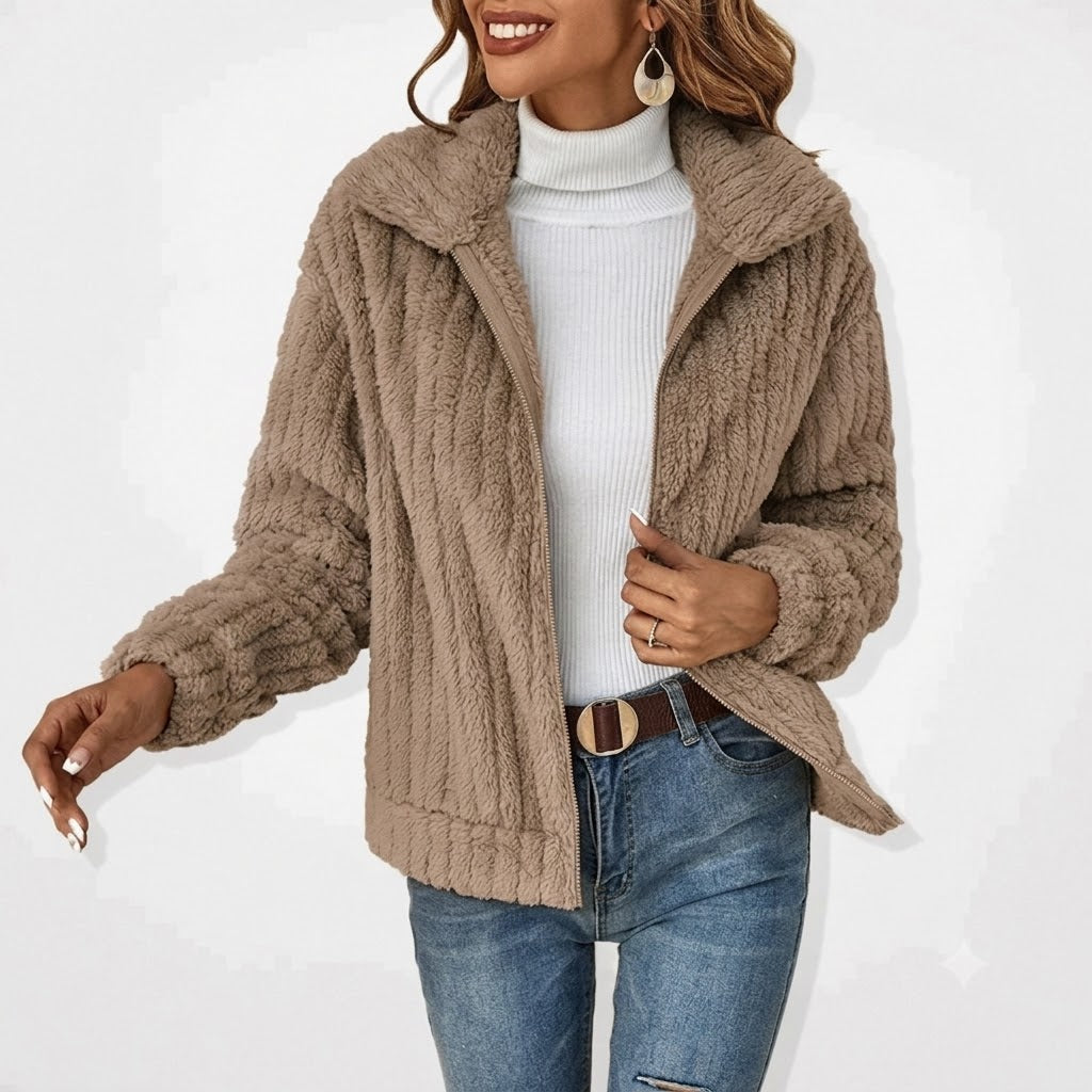 Marlo Plush Zip-Front – Women's Cardigan in Beige