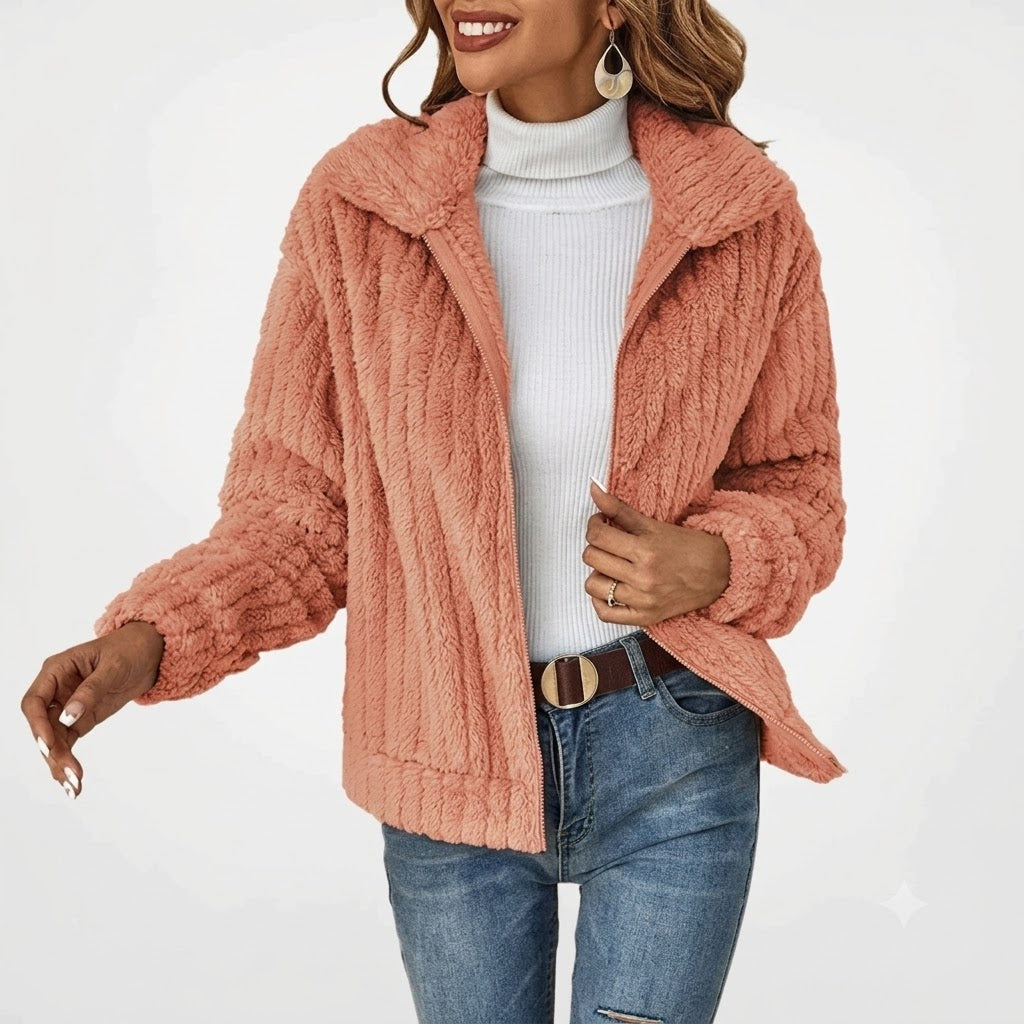 Marlo Plush Zip-Front in Beige – Women's Cardigan