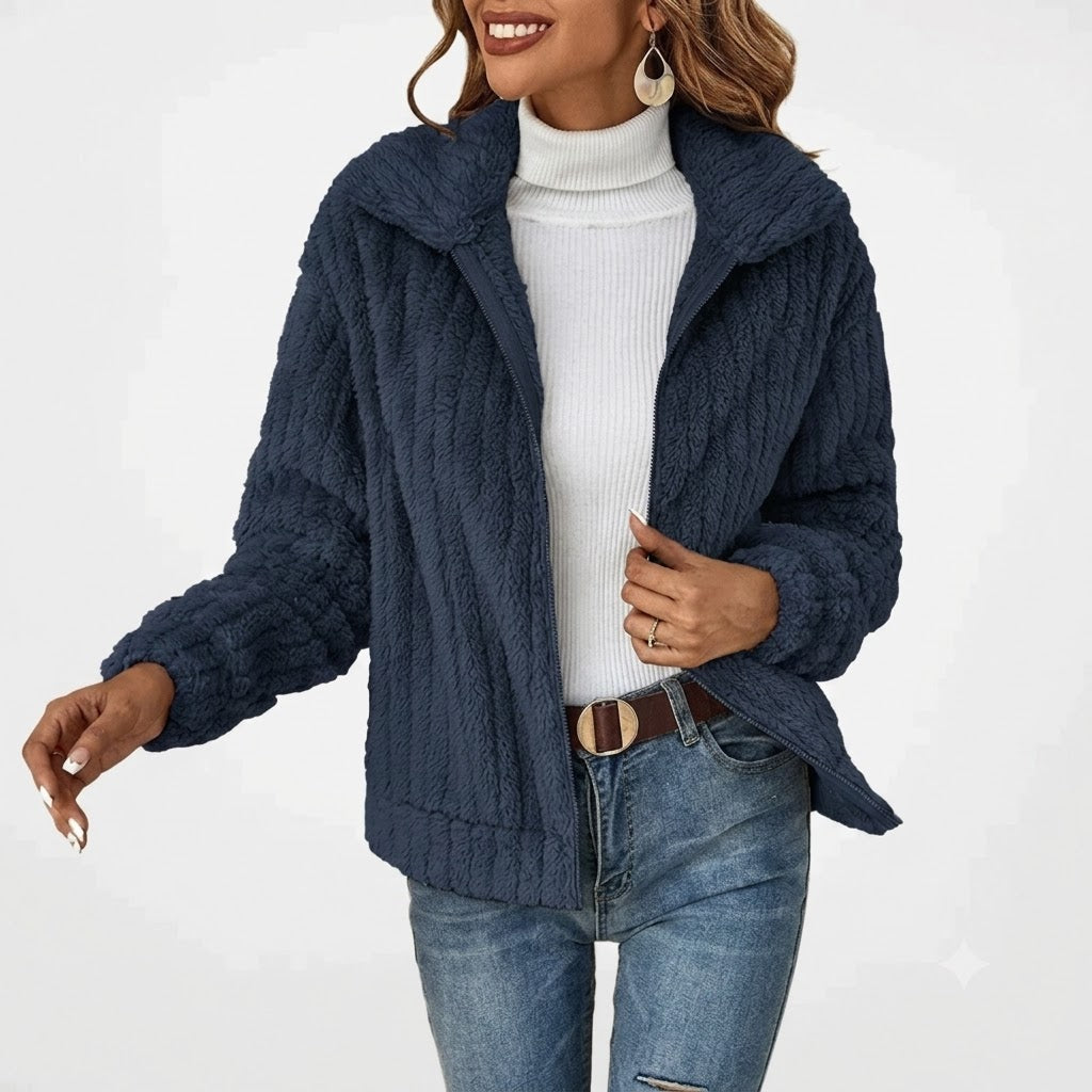 Marlo Plush Zip-Front in Beige – Women's Cardigan