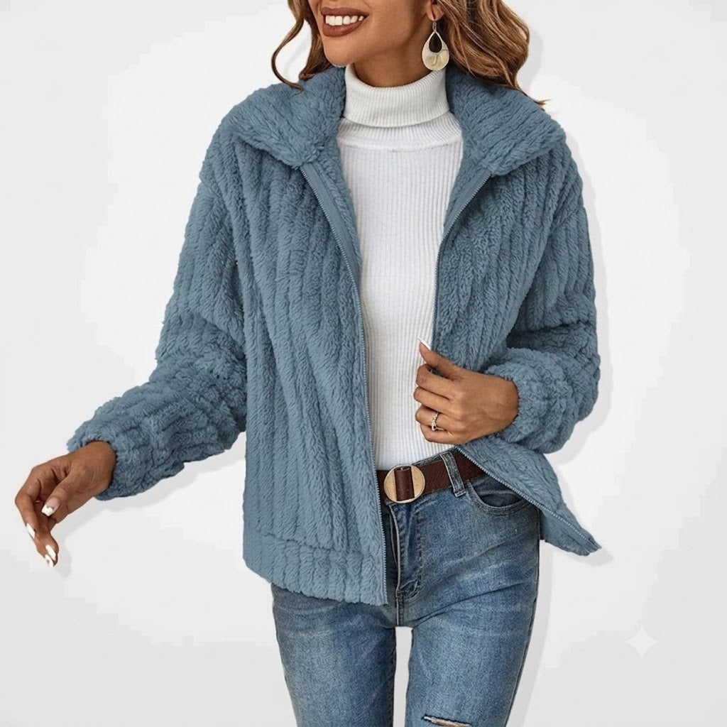Marlo Plush Zip-Front in Beige – Women's Cardigan