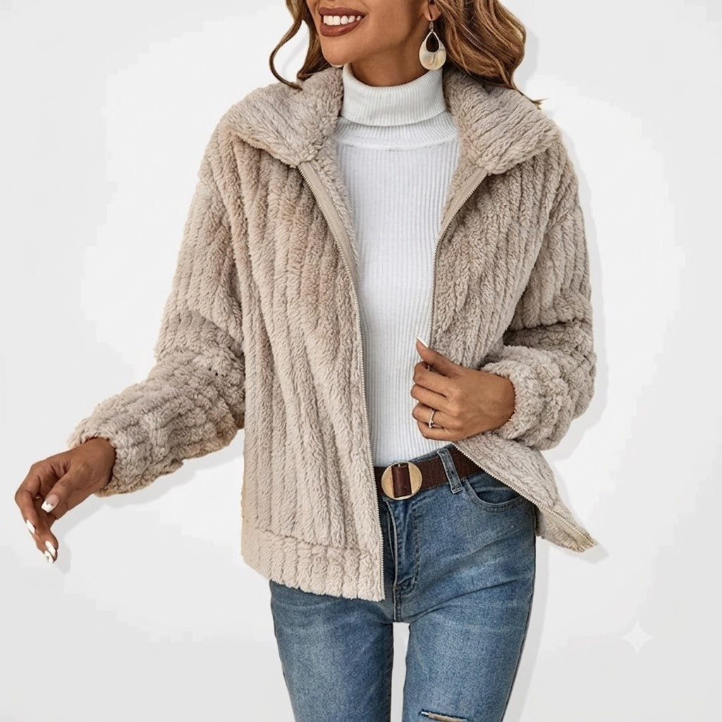 Marlo Plush Zip-Front in Beige – Women's Cardigan