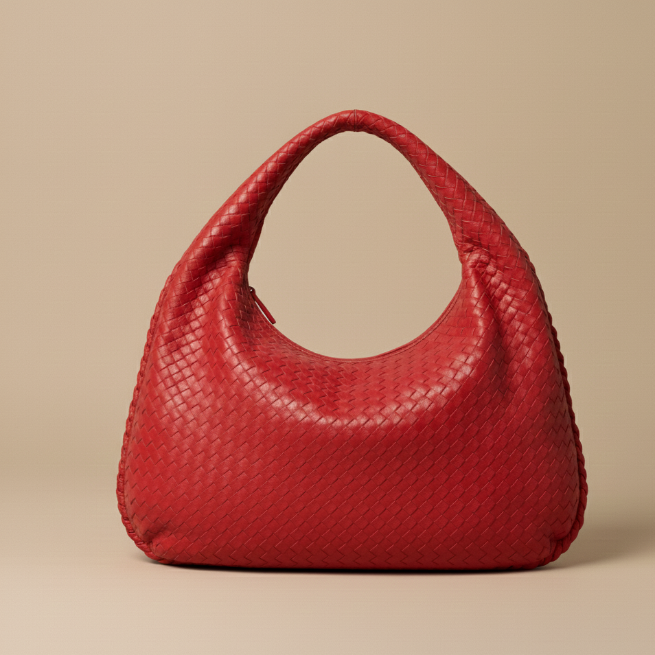 Red textured handbag on a beige background