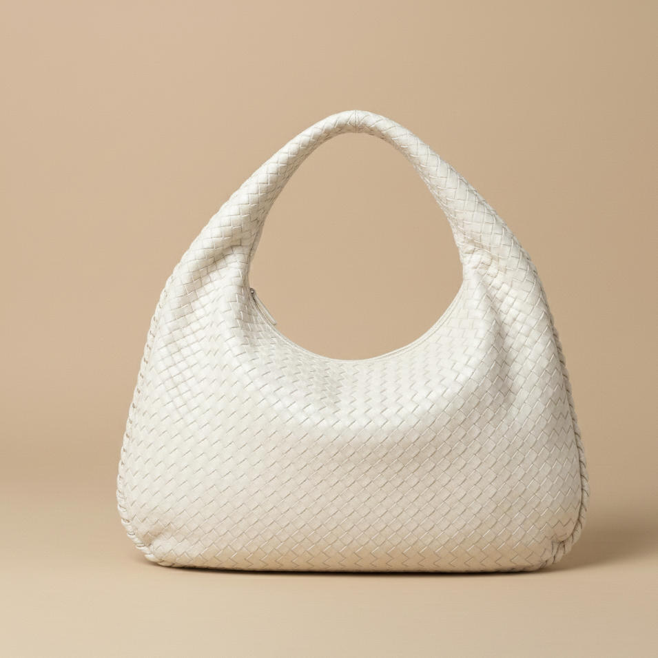 White woven handbag on a beige background