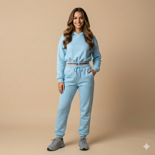 Woman wearing a light blue tracksuit on a beige background