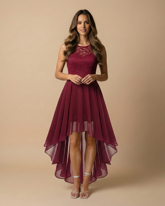Woman wearing a burgundy dress with a high-low hem on a beige background