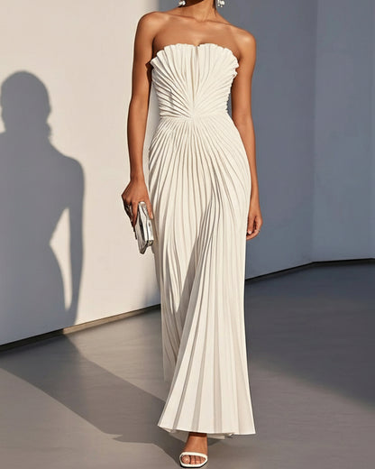 Aurelie Strapless Pleated A-Line – Women's Maxi Dress in White