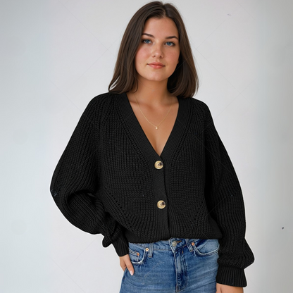 Merritt V-Neck Balloon Sleeve – Women's Cardigan in Black