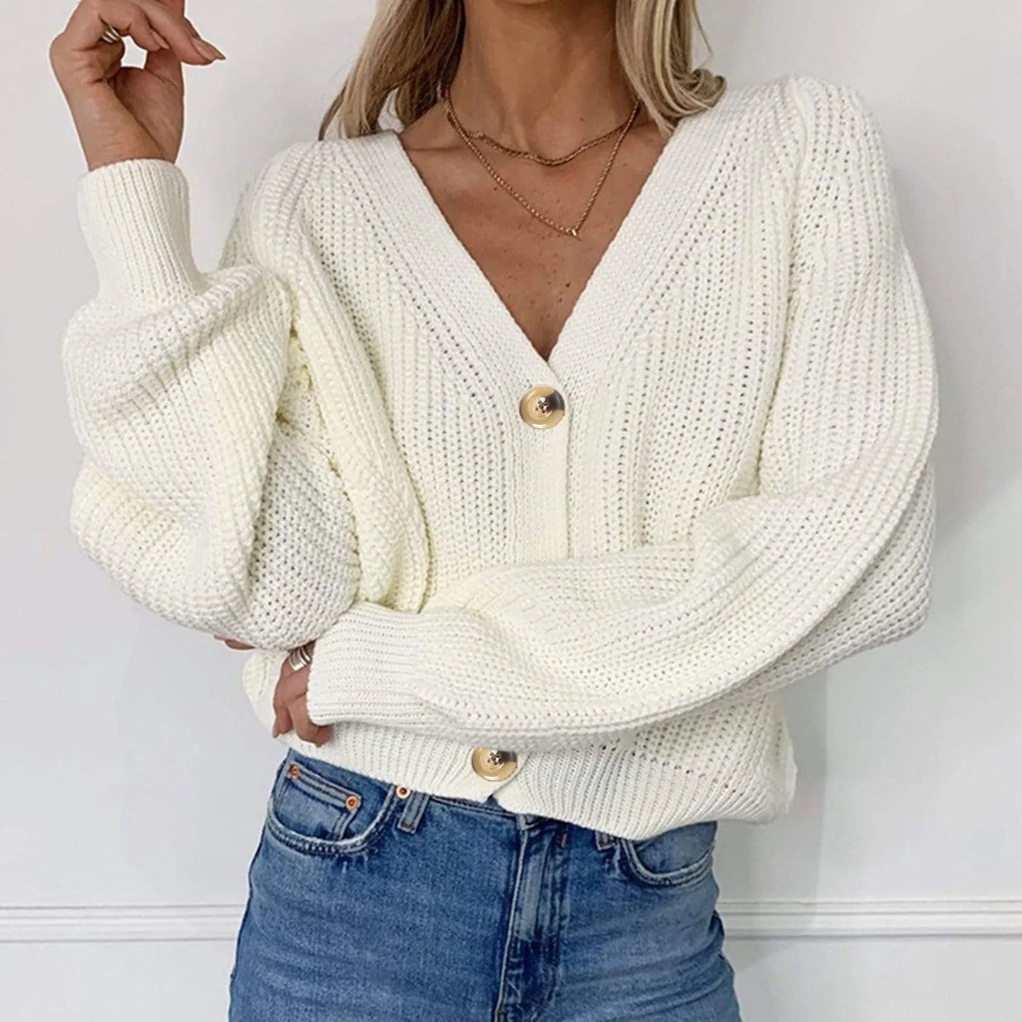 Merritt V-Neck Balloon Sleeve in Black – Women's Cardigan