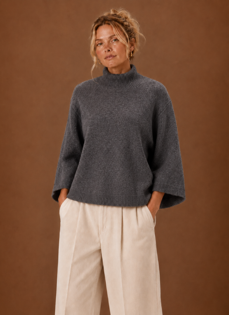 Wilma Chunky Mock Neck Bell Sleeve – Women's Sweater in Grey