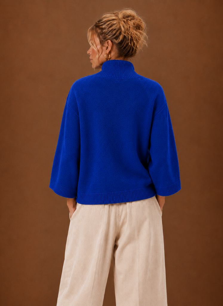 Wilma Chunky Mock Neck Bell Sleeve in Blue – Women's Sweater