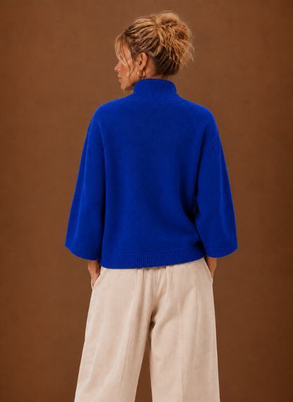 Wilma Chunky Mock Neck Bell Sleeve in Blue – Women's Sweater