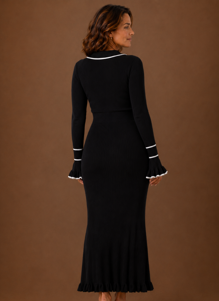 Theodora Polo Collar Ribbed Knit in Black – Women's Maxi Dress